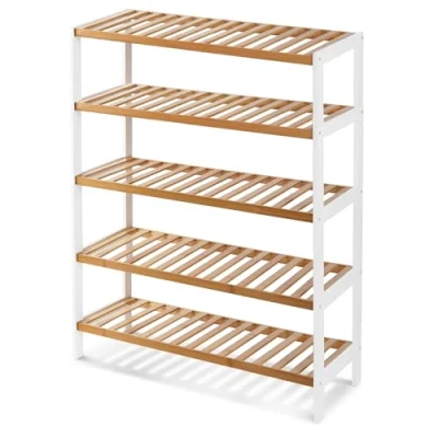 Image of KEPLIN 5 Tier Natural Bamboo Shoe Rack Easy Assembly &amp; Strong Design Shelf Organiser Ideal for Bedroom, Bathroom, Hallway Small Spaces Large Capacity Up to 15 Pairs of Shoes (70x24.5x95cm)