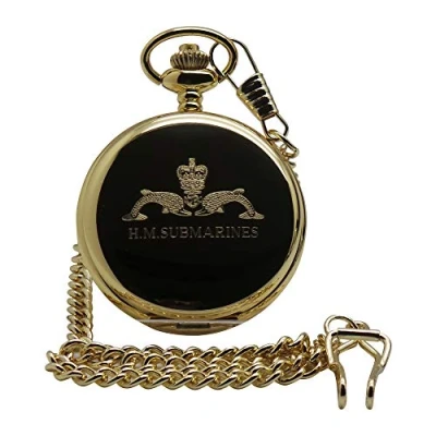 Image of Royal Navy Submariner Pocket Watch Gold Engraved Crest Naval Ships Marine Military