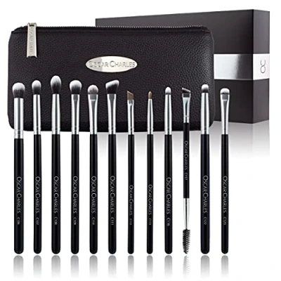 Image of Oscar Charles Eye Makeup Brushes Set, 12 Make up Professional Including Luxury Cosmetic Bag Silver
