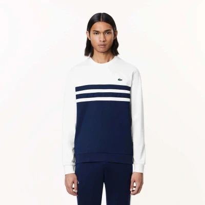 Image of Lacoste Mens Sportsuit Ripstop Tennis Sweatshirt in White Navy Blue &amp; Cotton Size 2XL