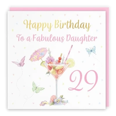 Image of Hunts England 29th Daughter Pink Cocktail And Butterflies Birthday Card Luxury Gold Foil Milo&#039;s Gallery Age 29 Drinks, Flowers, Hearts Elegant For Twenty Nine