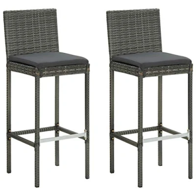 Image of vidaXL Garden Bar Stools with Cushions Set 2 pcs Grey Poly Rattan Contemporary Outdoor Seating from Weather Resistant Material Removable Cushion Covers