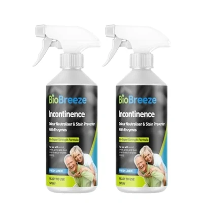 Image of BioBreeze Incontinence Odour &amp; Stain Remover Spray With Bio Enzymes Human Urine/Soiling Cleaner For Elderly Care Enzymatic Formula Super Strength Fresh Linen 500ML (Pack of 2)