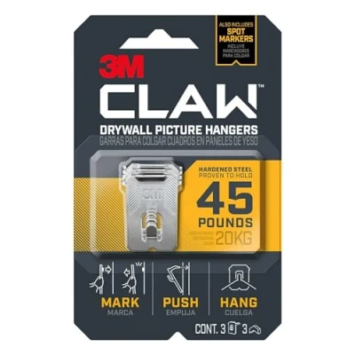 Image of Claw Drywall Picture Hanger Holds 45 Lbs 3 Hooks And Spot Markers Stainless Steel