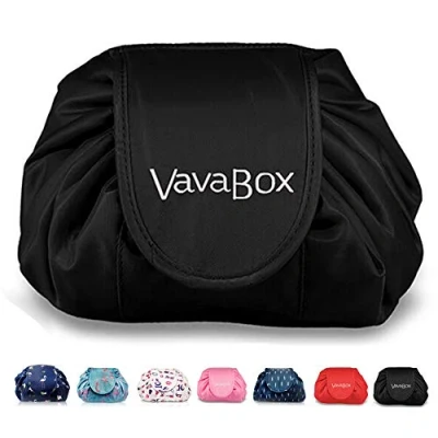 Image of Lazy Drawstring Makeup Bags, Large Capacity Waterproof Travel Portable Cosmetic Bag Pouch Storage Organiser for Women Girl (Black)