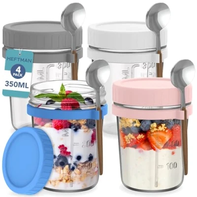 Image of HEFTMAN Glass Overnight Oats Jars with Lids 4 Pack 350ml Jar Spoons &amp; Airtight Colourful Plastic Lids, Food Safe Breakfast Pots for Yogurt, Chia Pudding 12oz, Reusable (4 PCS)