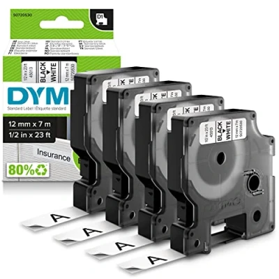 Image of DYMO Authentic D1 Labels Black Print on White 12mm x 7m Self Adhesive for LabelManager Label Printers 4 Count