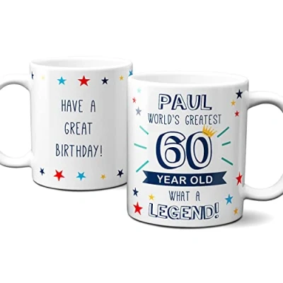 Image of Thoughtful Gifts Personalised World’s Greatest Age 60 Mug,60th Birthday Gift,Personalised Mug Year Old Man,Personalised Cup 60th Birthday,Personalised Gift Old. Add Name and Message