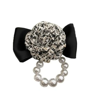 Image of sunjiaqi Camellia Brooch Flower Lapels Fabric Pearl Black Bow Women Elegant Clothes Decoration for Scarf Hat Suits Night Dress Wedding