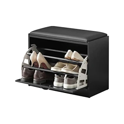 Image of SoBuy FSR16 SCH, Hallway Shoe Bench Rack Cabinet with Flip drawer and Removable Seat Cushion, Black, Depth: 30cm