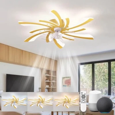 Image of KeLuKes Silent Ceiling Fans with Lights Compatible Alexa and Google Assistant, 78cm Bedroom Fan Lamp, Dc Motor, Timer Memory Function Reversible Dimmable Light, Gold