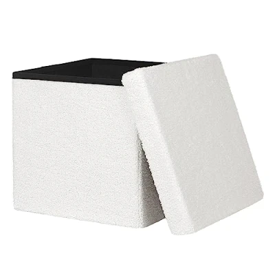 Image of eSituro Ottoman Storage Box, Pouffe Foot Stool with Storage, Cube 38L Capacity, Foldable Chair, Toy Box Stool, Teddy Fleece, 37.5x37.5x37.5cm, White