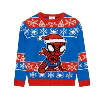 Image of Marvel Spider Man Boys Christmas Jumper Spidey And Friends Knitted Spiderman Blue 11 12 Years