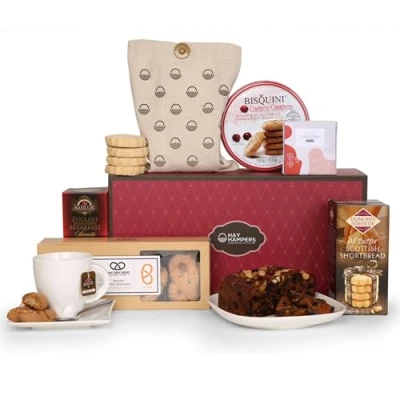 Image of Afternoon Tea Hamper Cake with Shortbread Biscuits, Fudge, Breakfast Tea, and Cookies Luxury Hamper, Food Hampers for Men, Gift Mum, Birthday by Hay