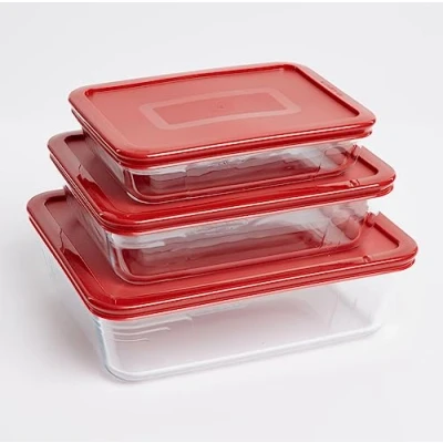 Image of Pyrex® Cook &amp; Freeze Set of 3 Glass Dishes with Airtight Lids (0.8 L, 1.5 2.6 L) Special freezing and Storing BPA Free Kitchen Roasting (Red 3)