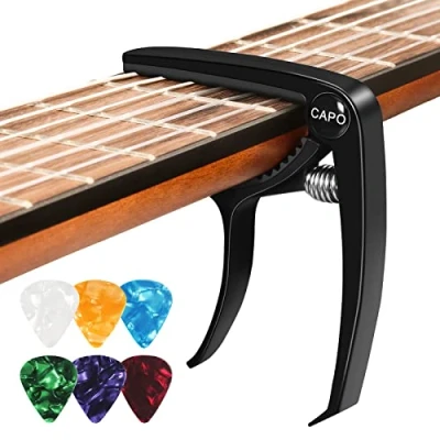 Image of Guitar Capo with 6 Picks, for Acoustic Ukulele, Electric Guitar, Metal Black