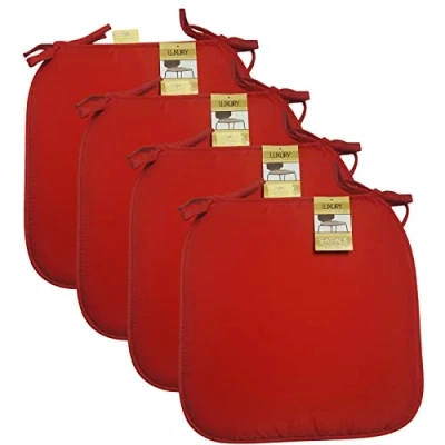 Image of Axcent Comfort Cushion Chair Seat Pads Set of 4 Red 38 x cm, Plain Dining with Ties for Indoor Outdoor Home Office Kitchen Garden