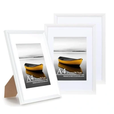 Image of Baoee A4 white Picture frame with 6x8 Mount,Set of 3,photo acrylic glass, Frame,Poster Frame, certificate frame,Wall Mountable