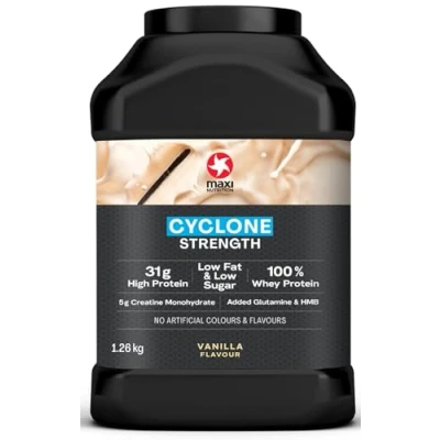 Image of MaxiNutrition Cyclone, Vanilla Premium Whey Protein Powder with Added Creatine Low in Sugar and Fat, Vegetarian Friendly 31g Protein, 206 kcal per Serving, 1.26kg