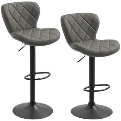 Image of HOMCOM Bar Stools, Set of 2 Breakfast Chairs, Swivel Barstools with Backrest and Footrest, Steel Frame Diamond Pattern PU, for Kitchen Counter, Dining Room, Dark Grey
