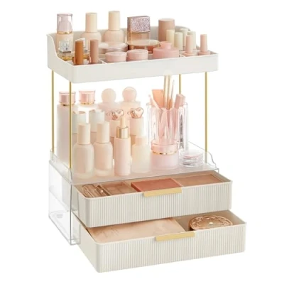 Image of SONGMICS 4 Layer Makeup Organiser, Skincare Dividers, Anti Slip Design, Bathroom Counter Organser, Versatile for Vanity Bedroom Kitchen, 20 x 32 39.1 cm, Cloud White JKA021W01