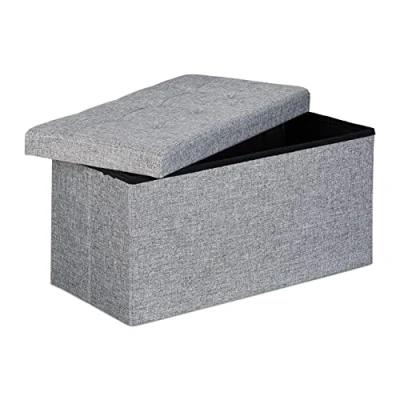Image of Relaxdays Cloth Seat XL 38 x 76 cm Sturdy Foldable Stable Folding Ottoman Linen Foot Stool Storage Box Bench with Removable Lid for the Living Room, Grey, 76x38x38