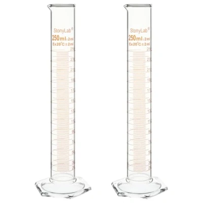 Image of stonylab Graduated Cylinder, 2 Pack B Grade Borosilicate Glass Cylinder with Stable Hexagonal Base, 250 ml