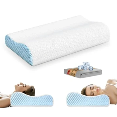 Image of PKBD Memory Foam Pillow with Replacement Pillowcase(Cooling Ice Silk&amp;Cotton),Neck/Shoulder Pain Relief,Ergonomic Orthopedic Cervical Pillow,Neck Contoured Bed for Side,Back,Stomach Sleepers