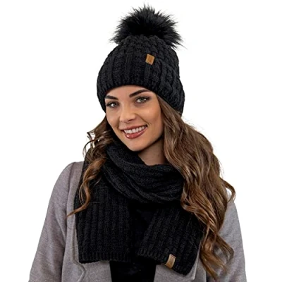 Image of Vivisence Stylish Women&#039;s Winter Set Hat with Pompom and Warm Fleece Lining Paired Classic Matching Scarf Made from Soft Fabric Perfect for Cold Weather, Black,UNI