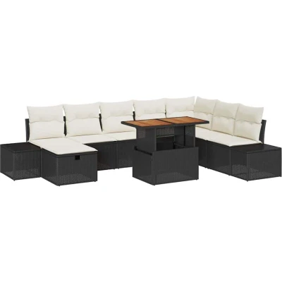 Image of vidaXL 9 Piece Garden Dining Set with Cushions Black Poly Rattan Acacia