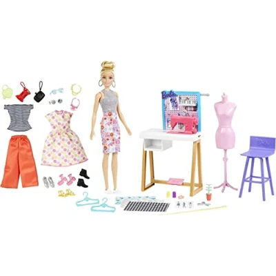 Image of Barbie Fashion Designer Doll (12 in/30.40 cm), and Studio, 25+ Design Accessories, Desk, Chair, Sewing Machine, Fabric Swatches, Mannequin More, Ages 3 Years Old Up, HDY90