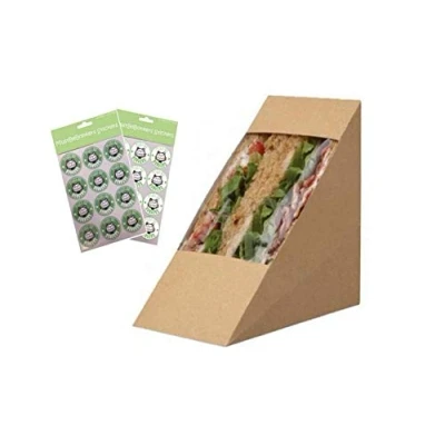 Image of Kraft Cardboard Sandwich Wedge Cafe Takeaway Packs Deep Fill Large Wedges with Seal Stickers (50)