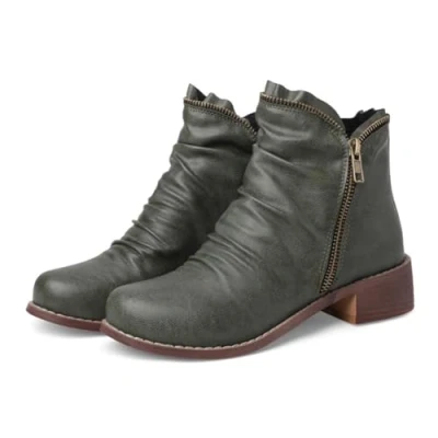 Image of Women&#039;s Low Chunky Heel Booties,Comfy Round Toe Side Zipper Winter Ankle Boots,Vintage Leather Casual Dressy Shoes,Green,6 UK