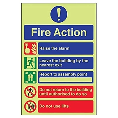 Image of V Safety Glow In The Dark 5 Message Fire Action Notice Sign 200mm x 300mm Rigid Plastic