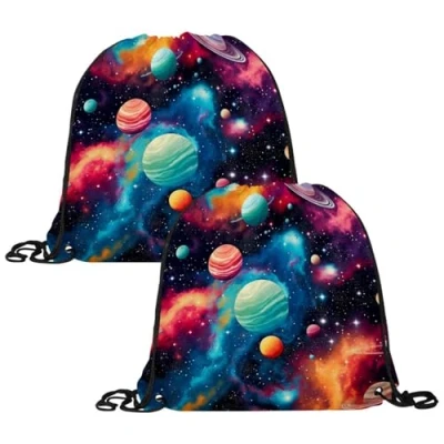 Image of Luoweisi 2 Pack Drawstring Bags, Outer Space Planets PE Bags Gym Bag String Swimming Sports for School Travel, Beach