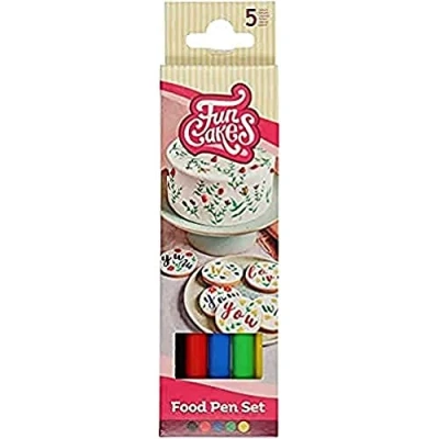 Image of FunCakes Food Pen Primary Set: Black Red Blue Green Yellow, Writer, 100% Edible Ink, Flexible Tip for thick and thin lines.Great personalizing your treats with Messages, Quick drying time, Set/5