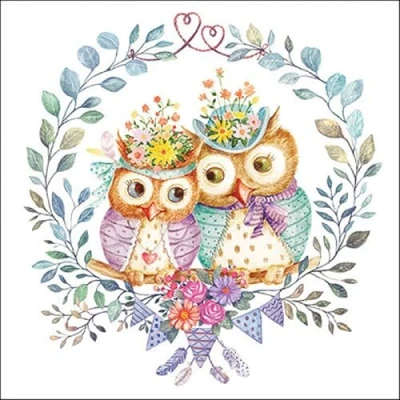 Image of 20 Napkins Animals Owls in Leaf Wreath as Table Decoration Paper with Motif Also for Decoupage and 33 x cm