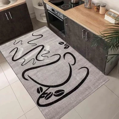 Image of VIMODA Kitchen Rug Grey Trendy Coffee Cappuccino Pattern Runner Short Pile Dimensions: 160 x 220 cm