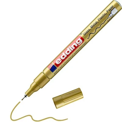 Image of edding 780 gloss paint marker gold pack of 1 extra fine round nib 0.8 mm pen for glass, pebbles, wood, plastic, paper waterproof, high coverage