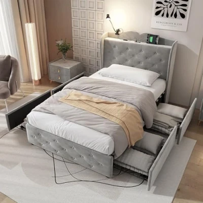 Image of ModernLuxe 3FT Single Bed, Upholstered Bed Frame with 4 Built in Drawers and Portable Table Lamp, USB Port, Storage Sturdy Youth for Adults &amp; Teenagers, Velvet, Grey, 90x190cm