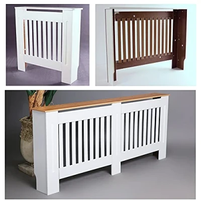 Image of BRIEFNESS White Radiator Cover Small Heating MDF Modern Cabinet Top Shelving Home Office Slatted Design Vertical Vents for Hallway Living Room Bedroom