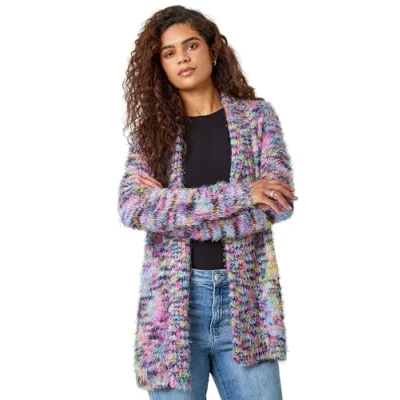 Image of Roman Womens Fluffy Longline Cosy Cardigan Purple Size 20 UK