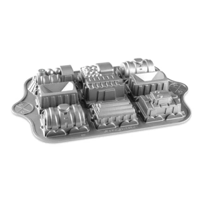 Image of Nordic Ware Train Cake Pan, Set Mould Tray, Cast Aluminium Tin, Muffin Tray for Nine Shaped Cakes, Made in the USA, Colour: Blue