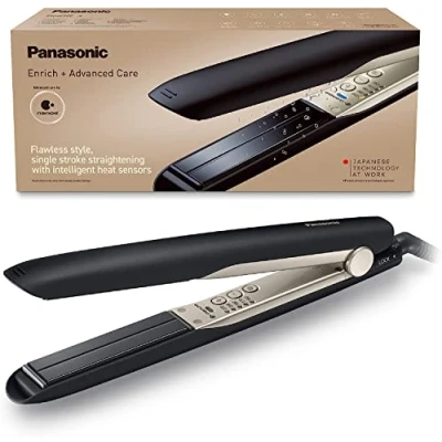 Image of Panasonic EH HS0E nanoe Hair Straightener for Flawless Style, Single Stroke Straightening with Advanced Smooth Gloss Ceramic Plate, Black/Champagne Gold