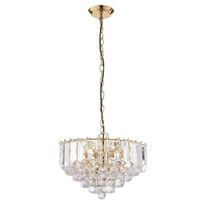 Image of National Lighting SID Decorative Brass Plated E14 LED Compatible Ceiling Pendant Light Chandelier with Clear Droplets 380mm