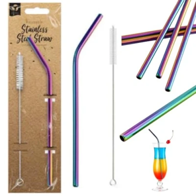Image of Citystores® X5 Iridescent Rainbow Metal Straw With Brush Premium Stainless Steel Reusable Drinking &amp; Cleaning Tool Eco friendly Durable Long Travel Cleaner For Home Office On the go