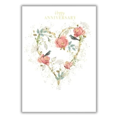 Image of Abacus Cards Wedding Anniversary Card Decorative Heart Wreath with Roses &amp; Birds Embossed Foil Eco Friendly Recyclable