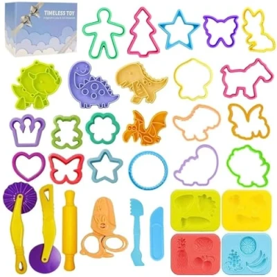 Image of Dough Play Tools for Kids Accessories Molds Dinosaur Fruit Roller Cutter Scissor and Storage Box, Party Favors Set Age 3+