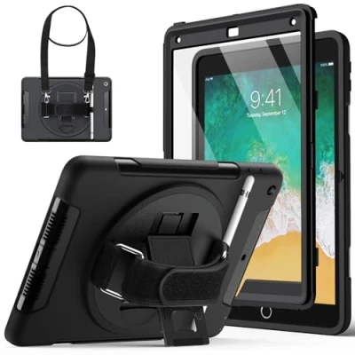 Image of JETech Case for iPad 9.7 Inch (6th/5th Generation, 2018/2017 Model) with Built in Screen Protector, Protective Shockproof Rugged Tablet Cover, 360 Rotating Hand Strap Stand (Black)
