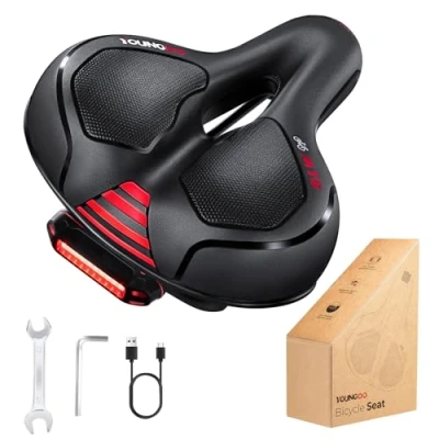 Image of YOUNGDO Ultra Comfortable Bike Saddle, Ergonomic Design, Hollow Double Spring Shock Absorber, Detachable Rear Light, Waterproof, for Mountain Bike, Black+Red